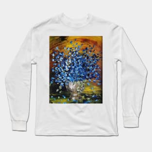 Blue Flowers, Blue Vintage Flowers, Vintage Decor, Blue Flowers on gold, Modern Impressionism, Floral decor, blue decor Long Sleeve T-Shirt